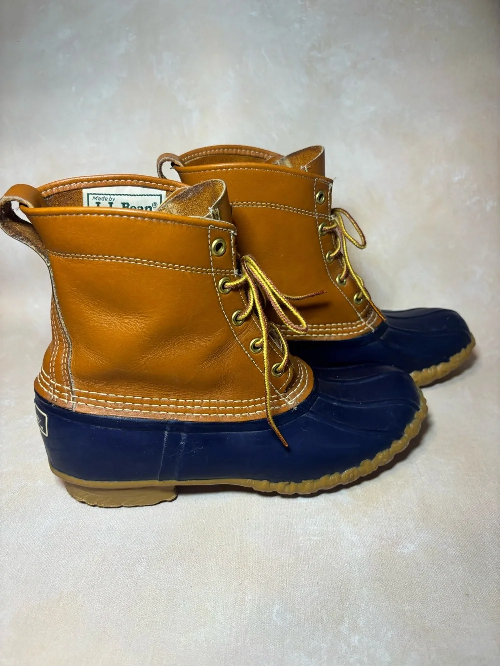 L.L. Bean Women’s Bean Boots, Tan Leather & Navy, waterproof hunting, 9 LM